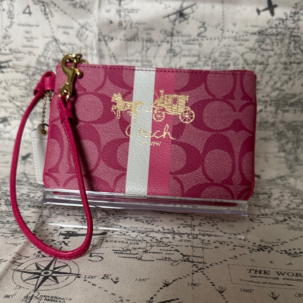 Coach Pink Wristlet with Gold Logo and White Stripe